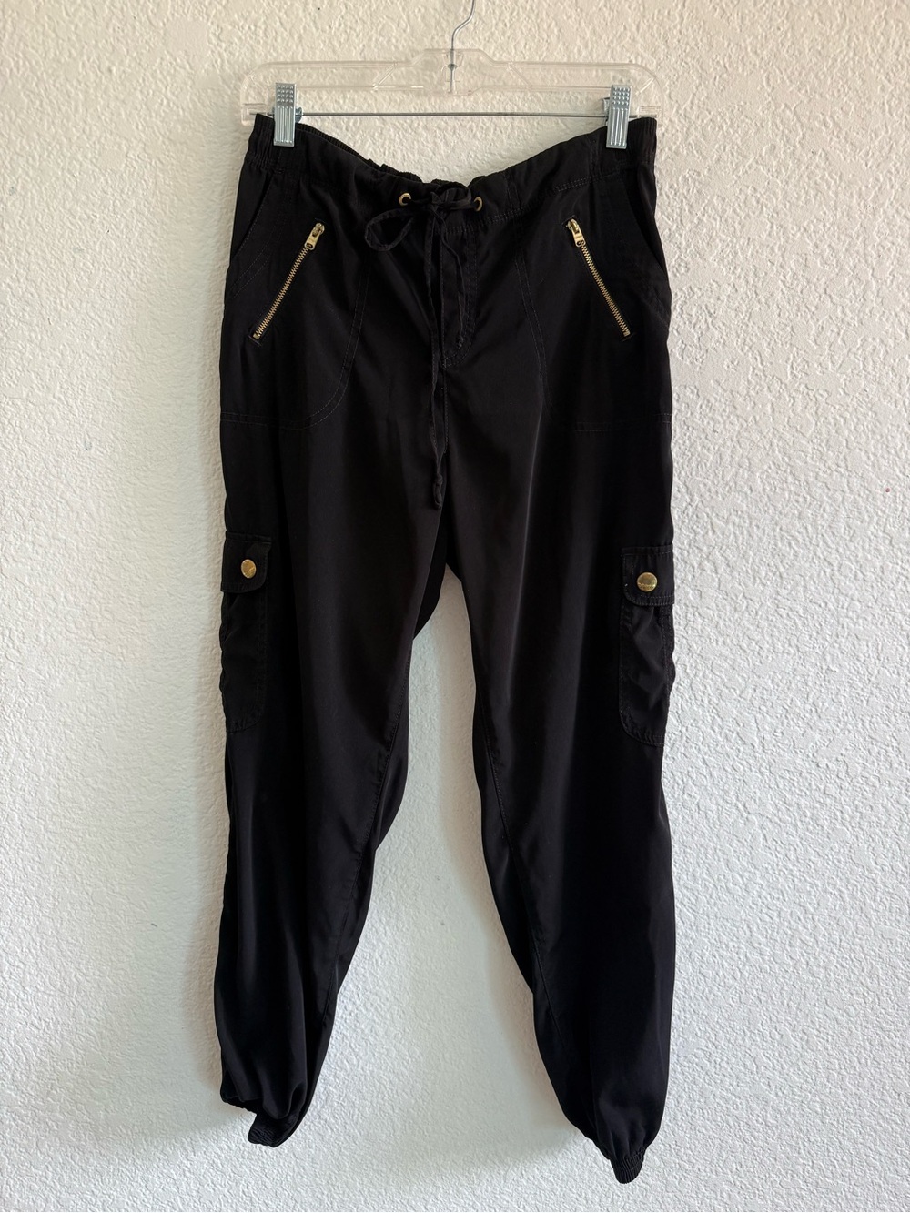 Express Black Cargo Jogger Pants with Gold Zippers